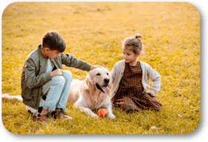 Children safely play with the family dog